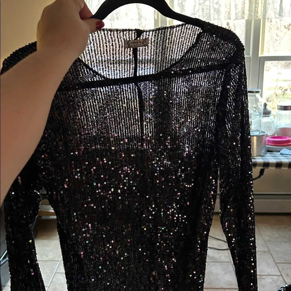 Intimately Free People Gold Rush Sequin Black‎ Long Sleeve Tee Multi Colored
